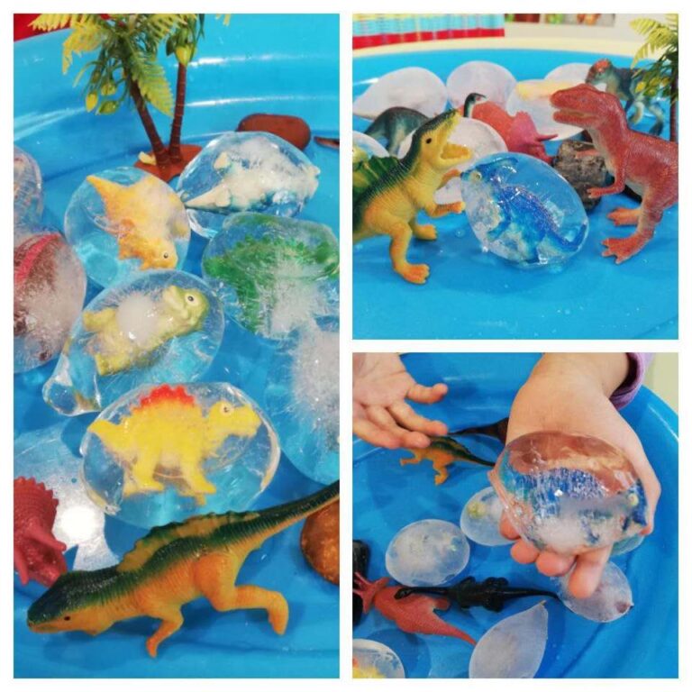 Here are some ways from our kids to rescue the baby dinosaurs that are trapped in ice cubes: wipe the ice cubes, hammer them, put them into the water/ under the sun, etc!